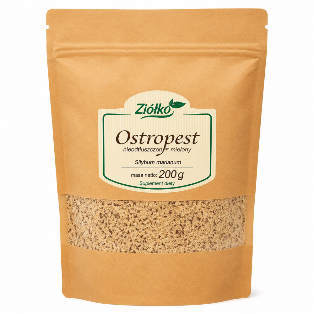 Ostropest Plamisty Ziółko 200 g – Mielony Silybum marianum naturalny. Wspiera prawidłowe funkcjonowanie wątroby dzięki zawartości sylimaryny – naturalnego kompleksu bioaktywnych związków roślinnych.