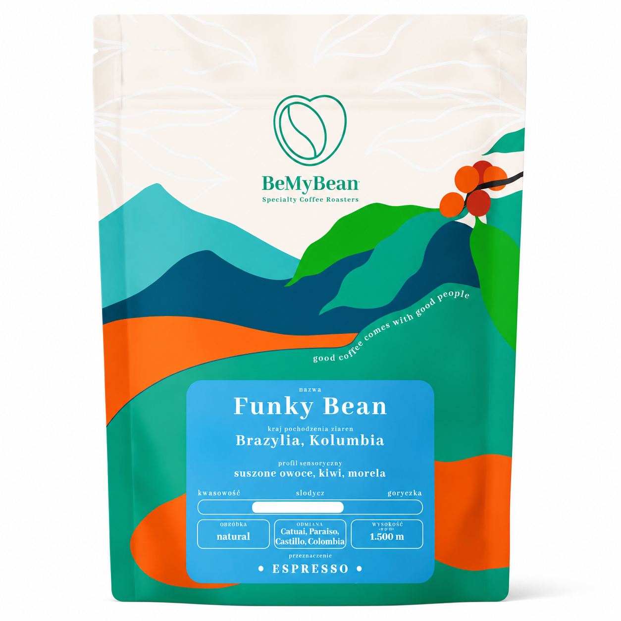 BeMyBean Funky Bean 250 g to wysokiej jakości kawa specialty stworzona z ziaren pochodzących z Brazylii i Kolumbii. Starannie wyselekcjonowane ziarna oraz naturalna metoda obróbki pozwalają uzyskać wyjątkowy, owocowy profil smakowy.