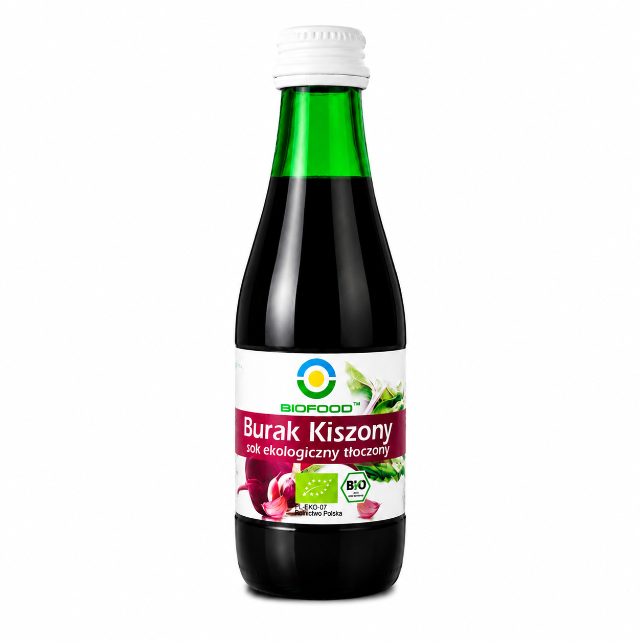 BIOFOOD Burak Kiszonony 250 ml to naturalny, ekologiczny sok tłoczony NFC z kiszonego buraka. Produkt powstaje z certyfikowanych surowców BIO i nie zawiera żadnych dodatków ani konserwantów. Sok charakteryzuje się intensywnym smakiem.