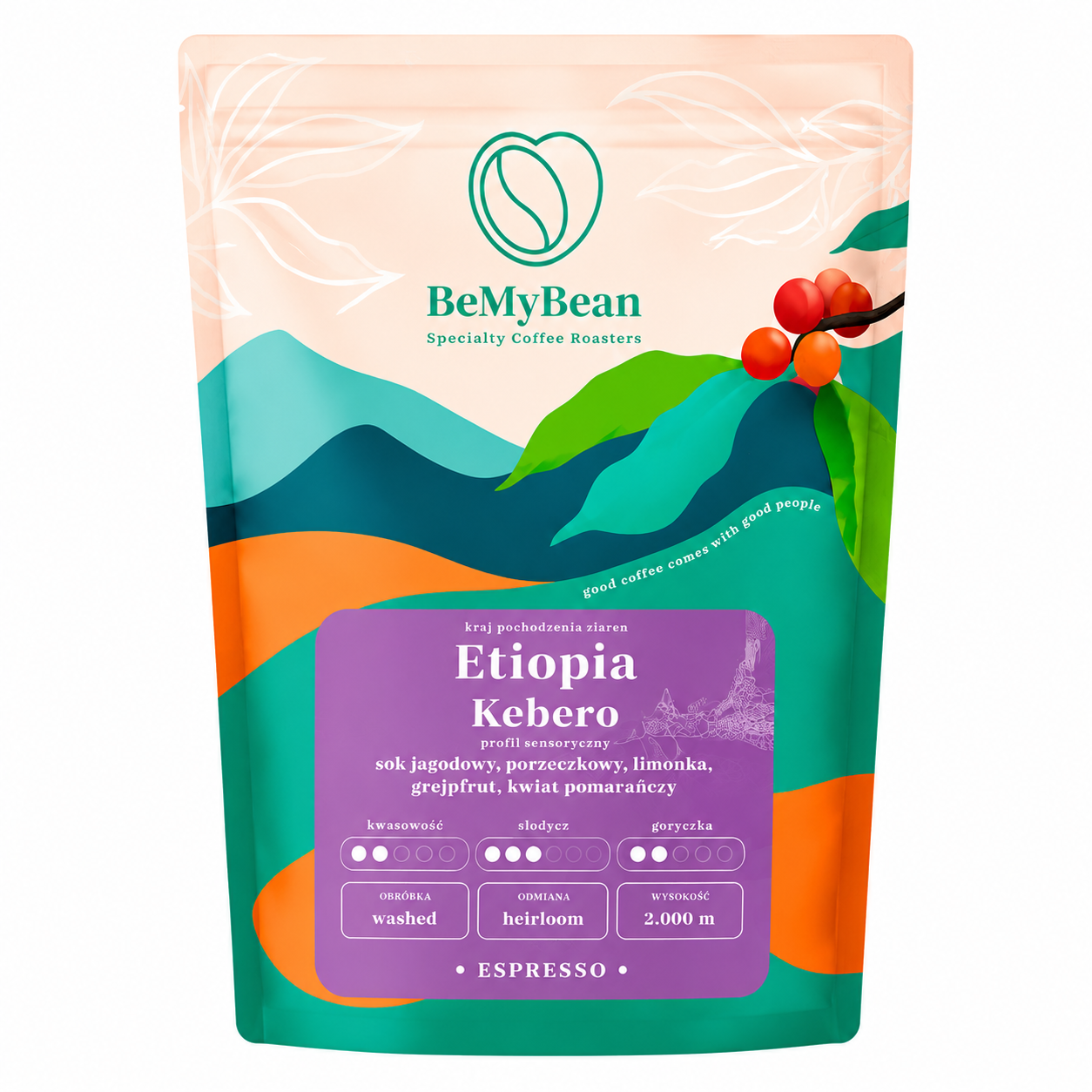 BeMyBean Ethiopia Kebero 250 g to wysokiej jakości kawa specialty pochodząca z Etiopii – kolebki kawy arabica. Ziarna odmiany heirloom zostały poddane obróbce washed, co pozwala uzyskać czysty, elegancki profil smakowy.