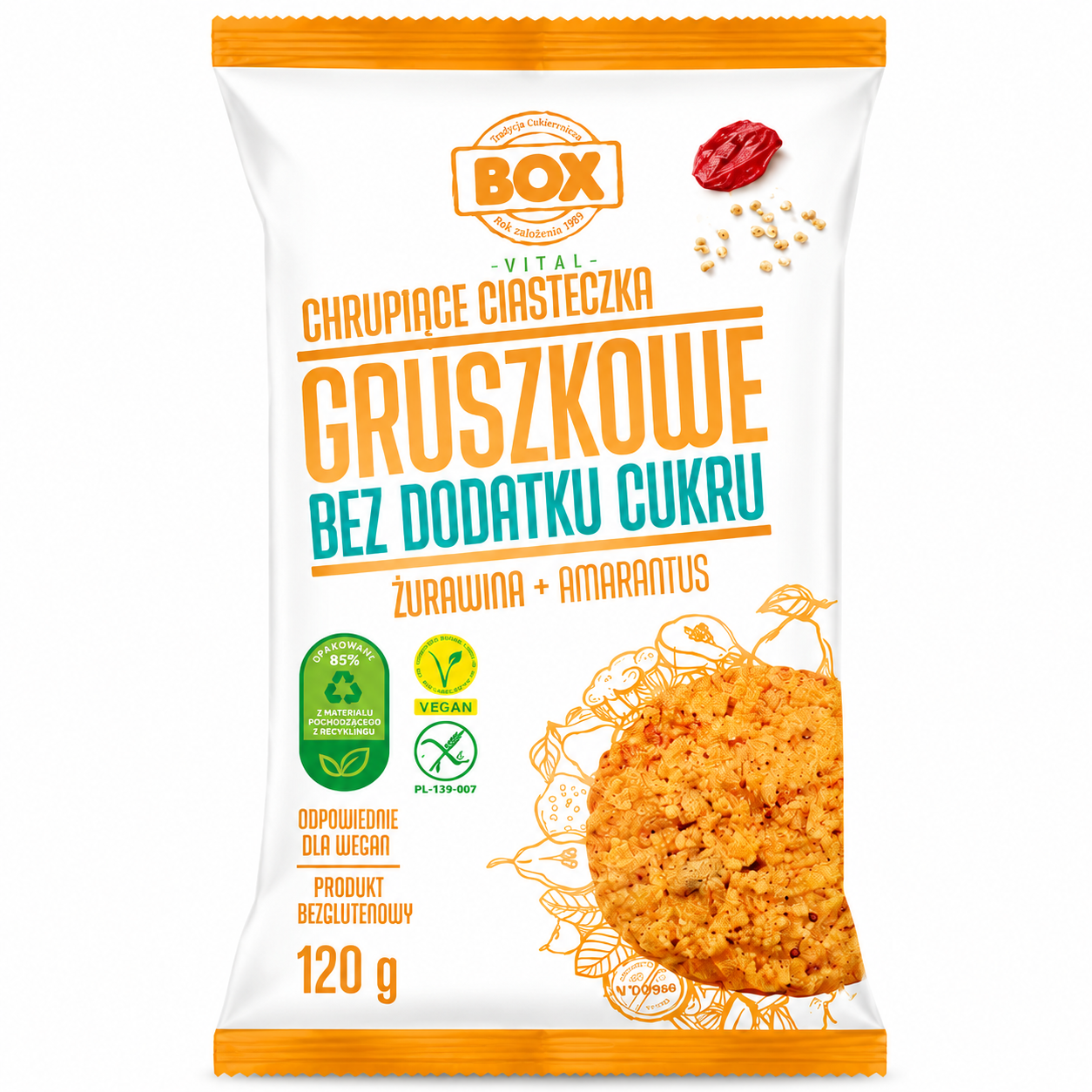 Chrupiące ciasteczka gruszkowe BOX Vital to nowoczesna, zdrowa przekąska stworzona bez dodatku cukru. Połączenie gruszki, żurawiny i amarantusa zapewnia naturalną słodycz oraz wyjątkową chrupkość.