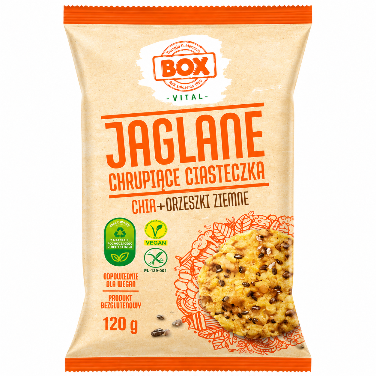 Chrupiące ciasteczka JAGLANE BOX Vital to naturalna, zdrowa przekąska stworzona na bazie składników roślinnych. Połączenie kaszy jaglanej, nasion chia i orzeszków ziemnych zapewnia wyjątkowy smak oraz wartości odżywcze.