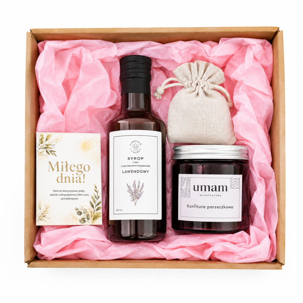 Wyjątkowy zestaw prezentowy w eleganckim pudełku z okienkiem, idealny na prezent dla bliskiej osoby. W środku znajdują się naturalne produkty premium: aromatyczna konfitura porzeczkowa, syrop lawendowy oraz  kartka z życzeniami „Miłego dnia”.