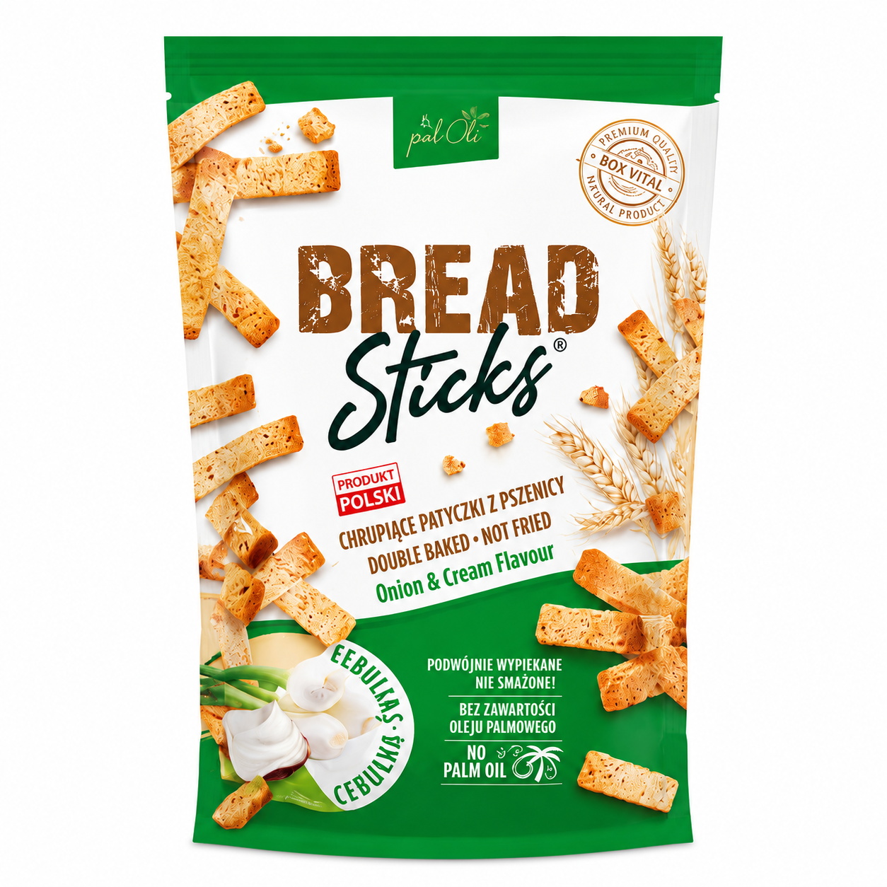Chrupiące Bread Sticks Onion &amp;amp; Cream Flavour to pszenne patyczki o wyrazistym smaku cebuli i śmietany. Produkt jest podwójnie wypiekany, niesmażony, dzięki czemu stanowi smaczną przekąskę na co dzień.