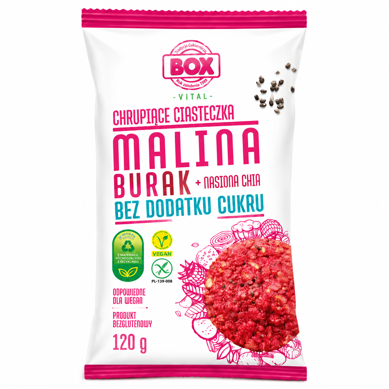 BOX VITAL Chrupiące Ciasteczka Malina Burak + Nasiona Chia to nowoczesna, lekka przekąska stworzona z myślą o osobach szukających zdrowej alternatywy dla tradycyjnych słodyczy. Produkt bez dodatku cukru, odpowiedni dla wegan oraz osób unikających glutenu.
