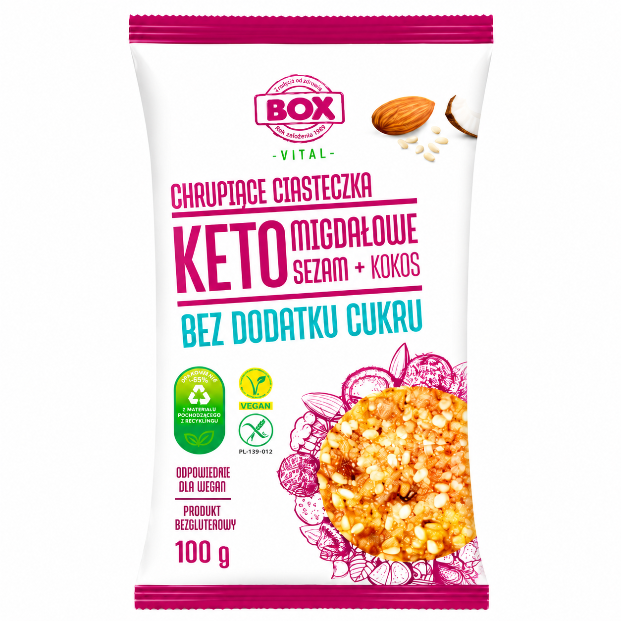 BOX VITAL KETO Migdałowe Ciasteczka Sezam + Kokos to chrupiąca, niskowęglowodanowa przekąska stworzona dla osób na diecie keto oraz wszystkich, którzy ograniczają cukier w codziennej diecie. Produkt wyróżnia się prostym składem.