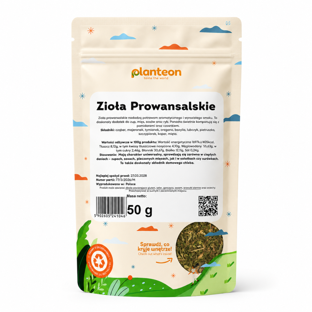 Zioła Prowansalskie to aromatyczna mieszanka suszonych ziół, która doskonale podkreśla smak dań kuchni śródziemnomorskiej, domowej. Kompozycja zawiera m.in. cząber, majeranek, tymianek, oregano, bazylię, lubczyk, pietruszkę, szczypiorek, koper oraz miętę.