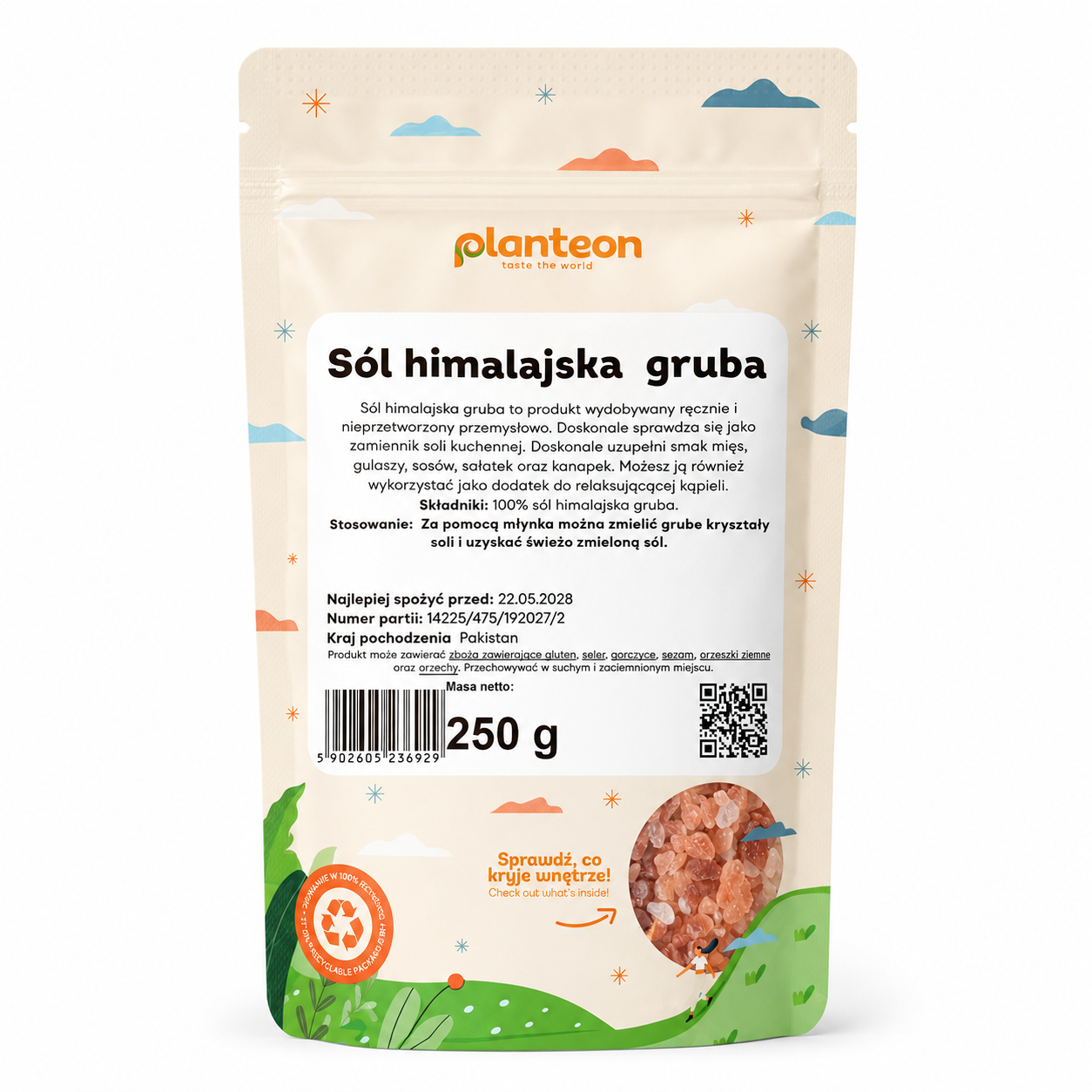 Sól Himalajska Gruba Planteon to naturalna, gruboziarnista sól w formie różowych kryształów, przeznaczona przede wszystkim do stosowania w młynku. Produkt pochodzi z Pakistanu i stanowi praktyczny zamiennik tradycyjnej soli kuchennej.