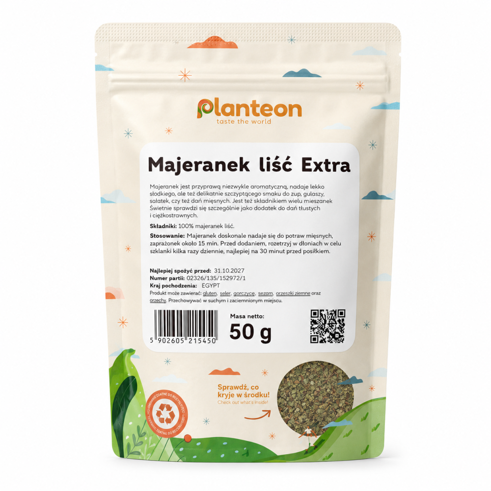 Majeranek Liść Extra Planteon 50 g to klasyczna, aromatyczna przyprawa o lekko słodkawym, ziołowym smaku. Doskonale sprawdza się w kuchni domowej jako dodatek do zup, gulaszy, sosów, dań mięsnych, sałatek oraz potraw cięższych i tłustych.
