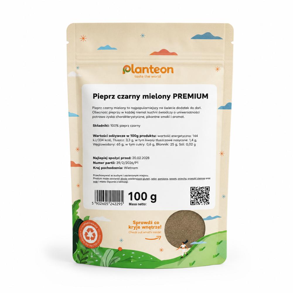 Pieprz Czarny Mielony Premium Planteon 100 g to jedna z najbardziej uniwersalnych przypraw, która doskonale sprawdza się w codziennym gotowaniu. Wyrazisty, pikantny smak oraz intensywny aromat, dzięki czemu podkreśla smak wielu potraw.