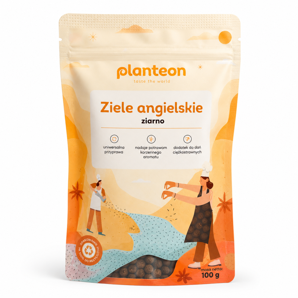 Ziele Angielskie Ziarno to aromatyczna przyprawa w całych ziarnach, która nadaje potrawom charakterystyczny, lekko korzenny smak i zapach. Jest ceniona w kuchni polskiej jako dodatek do zup, sosów, marynat, mięs, dań jednogarnkowych.