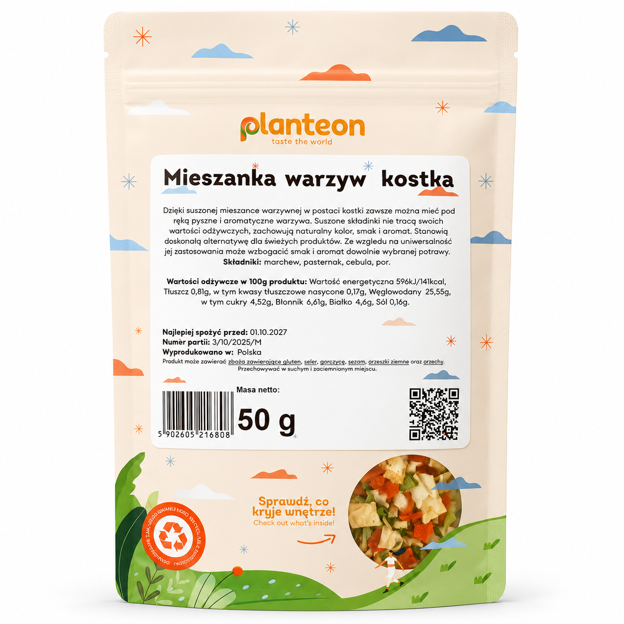 Mieszanka Warzyw Kostka Planteon 50 g to kompozycja suszonych warzyw w kostce, która doskonale sprawdzi się jako dodatek do codziennego gotowania. Produkt zawiera marchew, pasternak, cebulę i por, dzięki czemu wzbogaca smak.