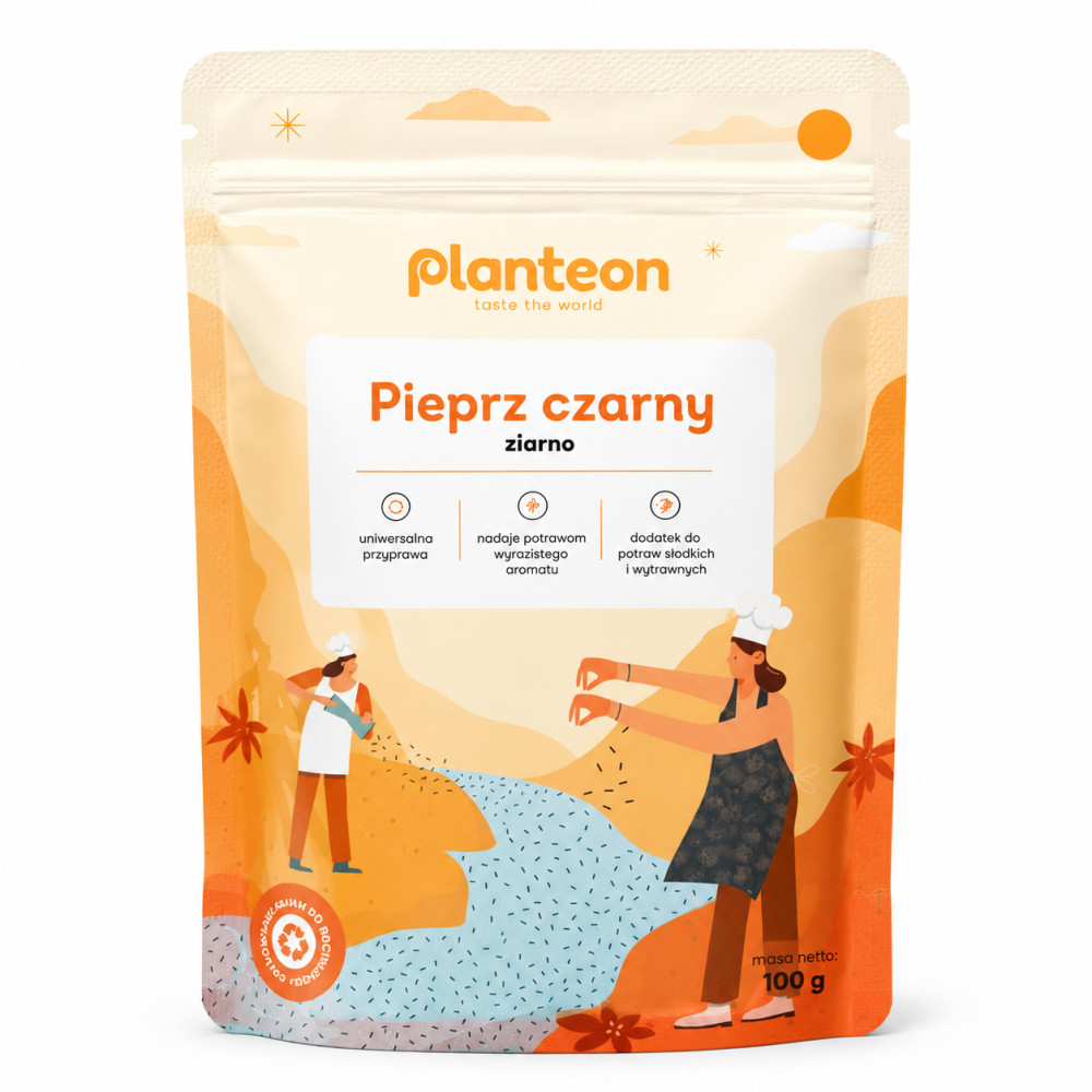 Pieprz Czarny Ziarno Planteon 100 g to klasyczna, uniwersalna przyprawa w całych ziarnach, która doskonale sprawdza się w codziennym gotowaniu. Całe ziarna pieprzu pozwalają zachować intensywny aromat na dłużej.