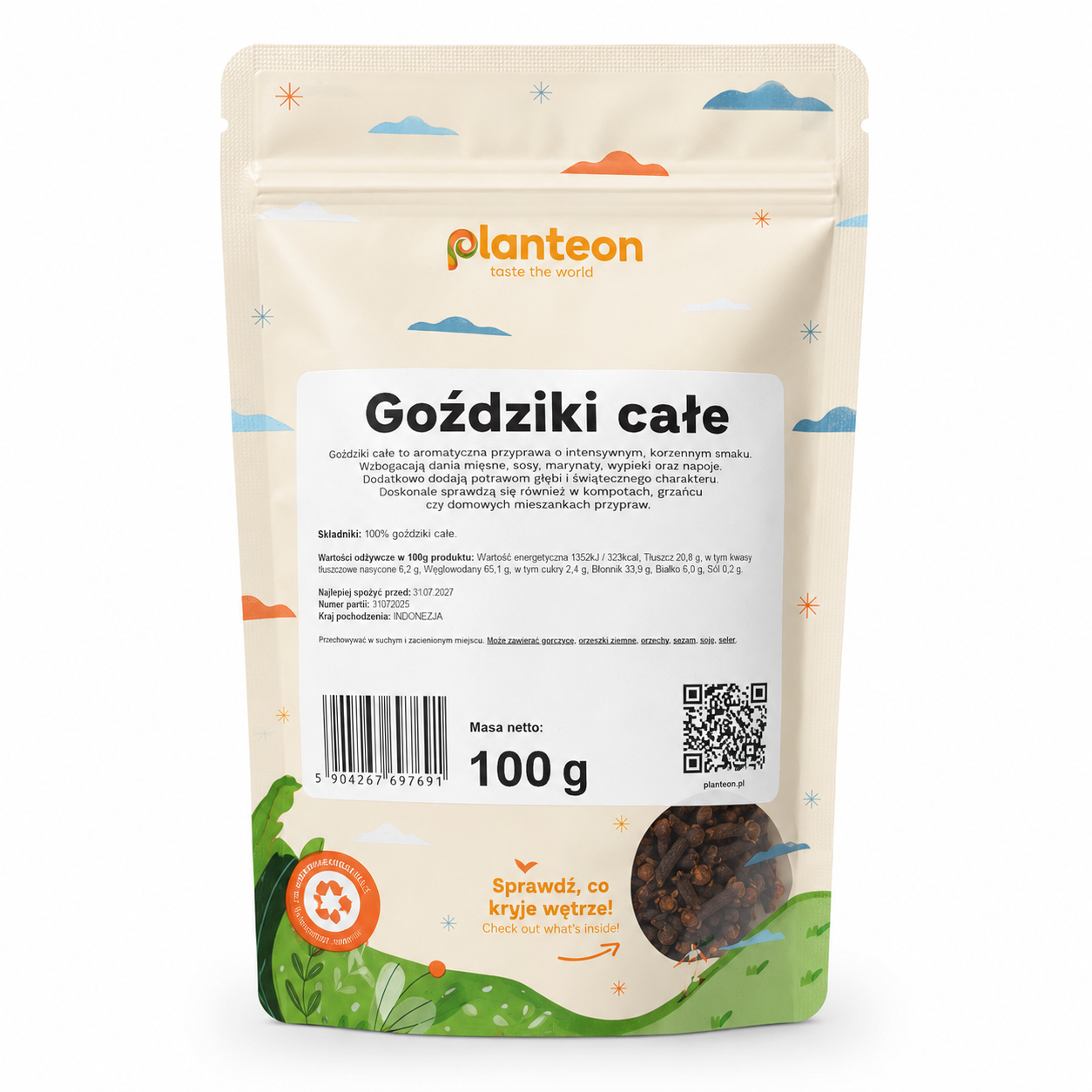 Goździki Całe Planteon 100 g to aromatyczna przyprawa o intensywnym, korzennym smaku i zapachu. Doskonale sprawdza się jako dodatek do dań mięsnych, sosów, marynat, wypieków, napojów oraz domowych mieszanek przypraw.