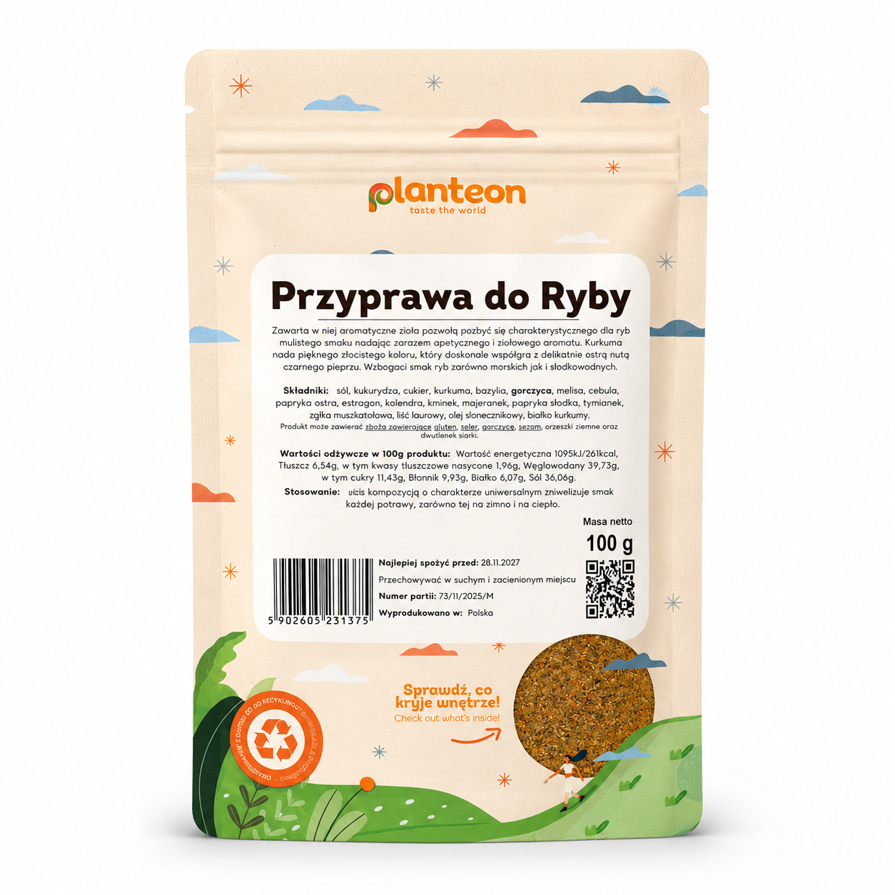 Przyprawa do Ryby Planteon 100 g to aromatyczna kompozycja ziół i przypraw stworzona specjalnie do podkreślania smaku dań rybnych. Mieszanka nadaje potrawom przyjemny, ziołowy aromat, a dodatek kurkumy pomaga uzyskać apetyczny, złocisty kolor.