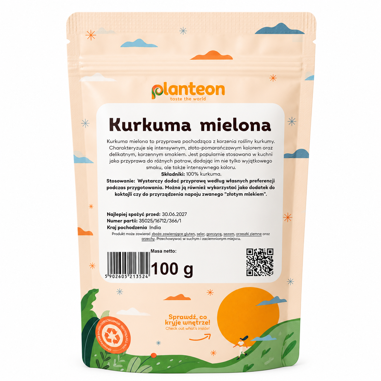 Kurkuma Mielona Planteon 100 g to popularna przyprawa korzenna pochodząca z korzenia kurkumy. Wyróżnia się intensywnym, złoto-pomarańczowym kolorem oraz delikatnym, lekko korzennym smakiem.