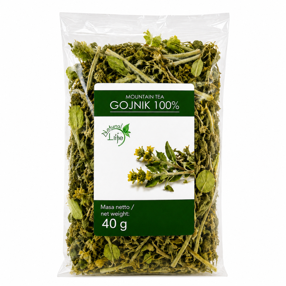 Gojnik 100% Mountain Tea Liife 40 g to naturalny susz ziołowy przeznaczony do przygotowania aromatycznego naparu. Gojnik, znany również jako herbata górska, wyróżnia się delikatnym, ziołowym smakiem oraz przyjemnym naturalnym aromatem.