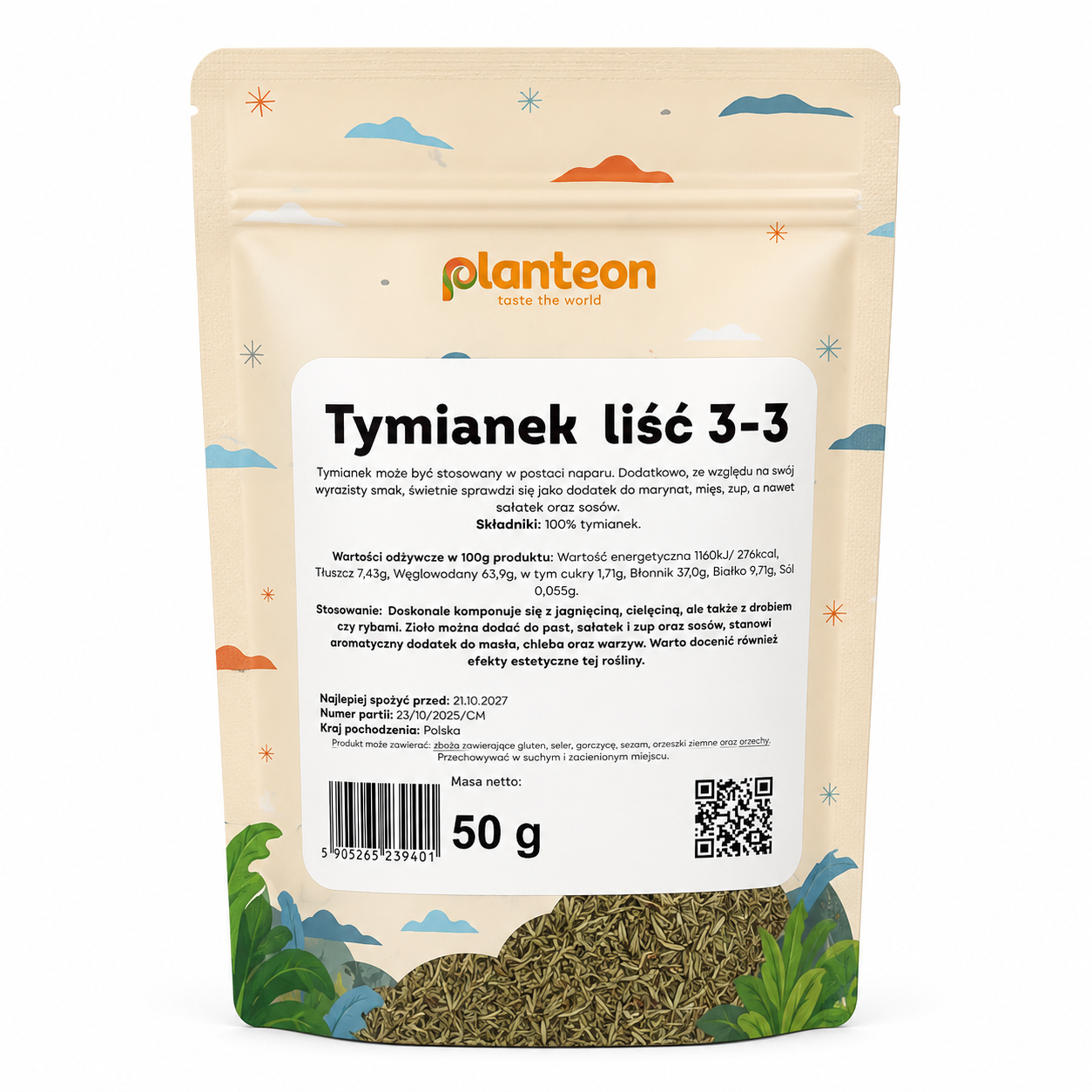 Tymianek liść 3-3 Planteon 50 g to aromatyczne, suszone zioło o intensywnym smaku i szerokim zastosowaniu w kuchni. Doskonale sprawdzi się jako dodatek do mięs, drobiu, ryb, zup, sosów, marynat, sałatek oraz dań warzywnych.