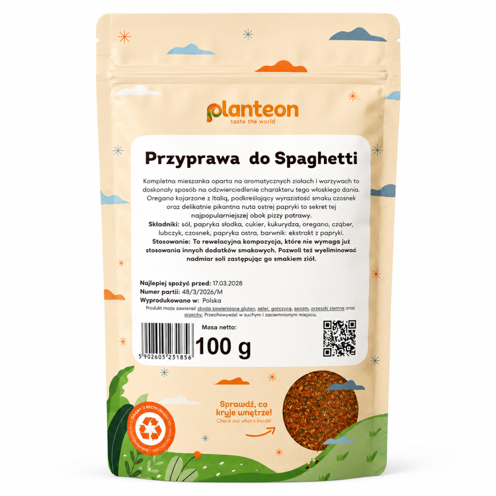 Przyprawa do Spaghetti Planteon 100 g to kompletna kompozycja przyprawowa, która doskonale sprawdzi się w przygotowaniu spaghetti, sosów pomidorowych, makaronów oraz dań inspirowanych kuchnią włoską.