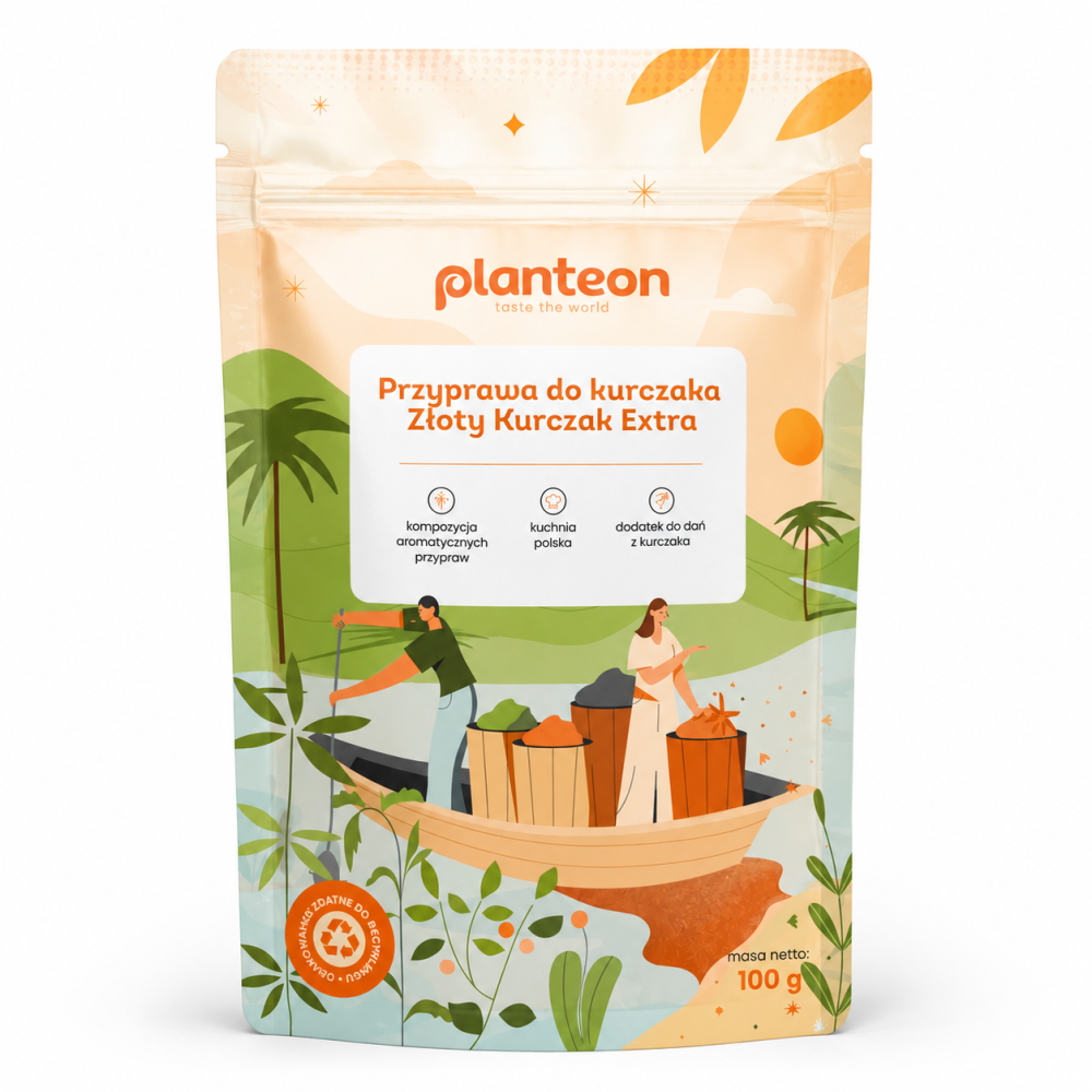 Przyprawa do kurczaka Złoty Kurczak Extra Planteon 100 g to aromatyczna kompozycja przypraw stworzona do dań z kurczaka i kuchni domowej. Doskonale podkreśla smak pieczonego, smażonego, duszonego oraz grillowanego mięsa.
