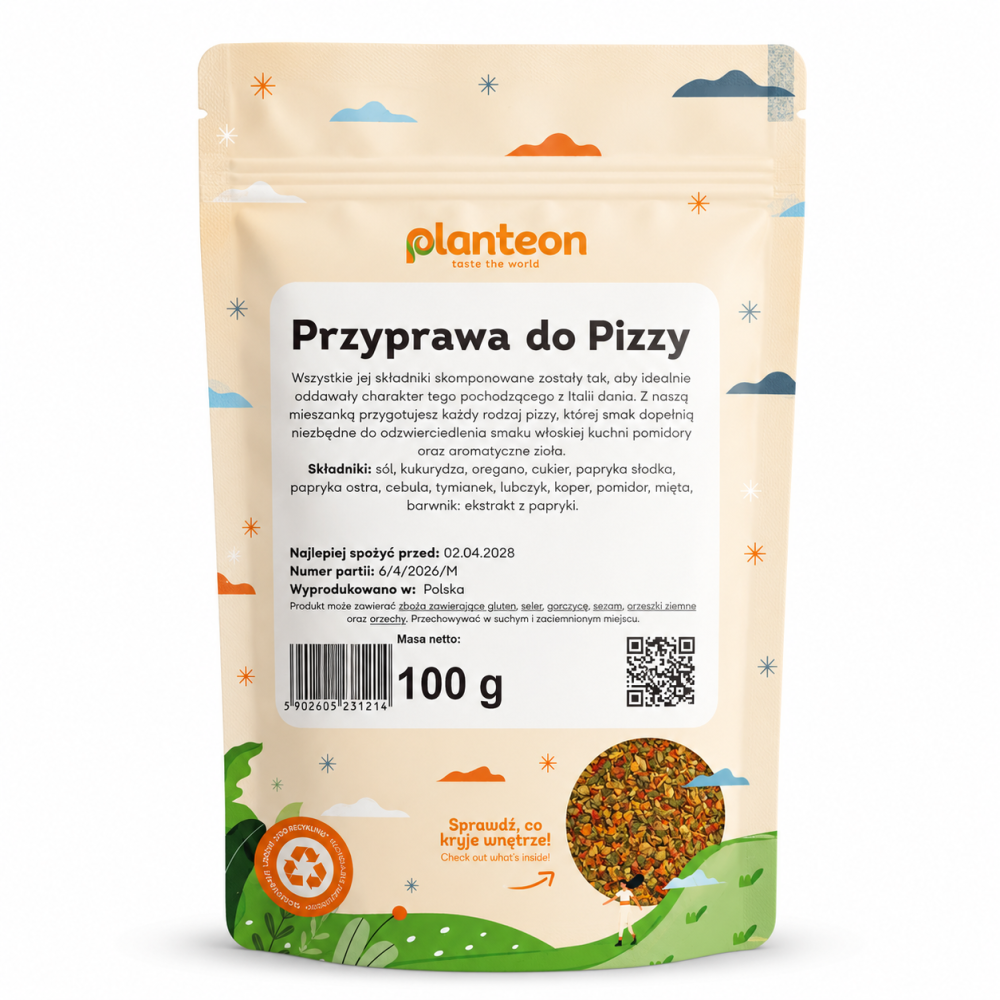 Przyprawa do Pizzy Planteon to gotowa mieszanka przypraw stworzona z myślą o domowej pizzy i daniach kuchni włoskiej. Kompozycja oregano, pomidora, cebuli, tymianku, lubczyku, koperku, papryki i innych składników doskonale podkreśla smak sosu pomidorowego