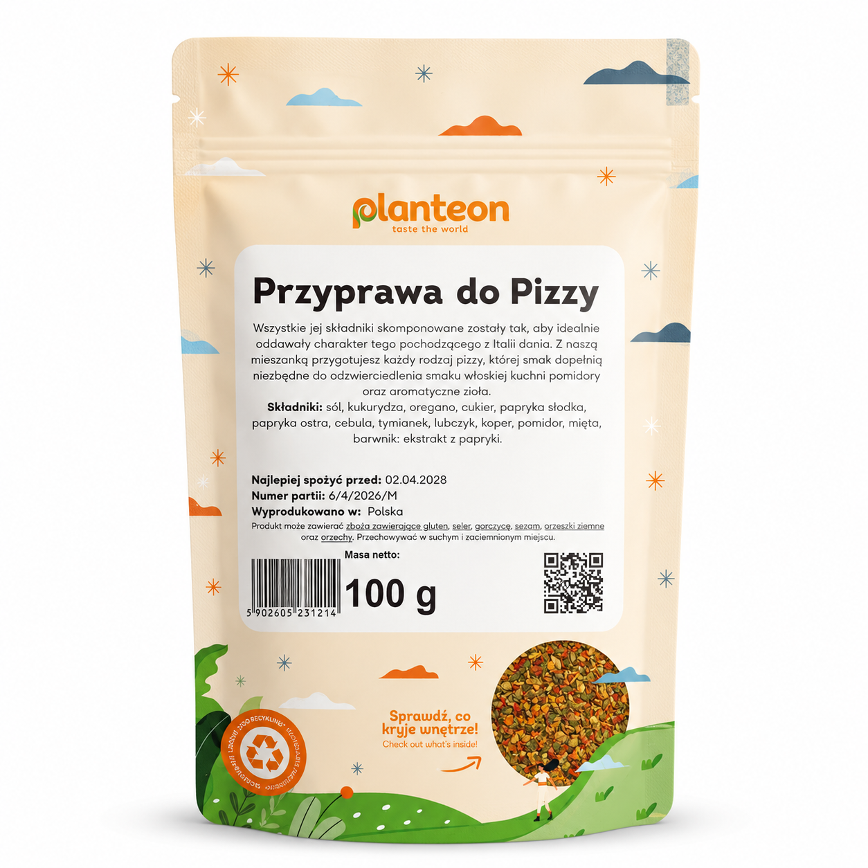 Przyprawa do Pizzy Planteon to gotowa mieszanka przypraw stworzona z myślą o domowej pizzy i daniach kuchni włoskiej. Kompozycja oregano, pomidora, cebuli, tymianku, lubczyku, koperku, papryki i innych składników doskonale podkreśla smak sosu pomidorowego