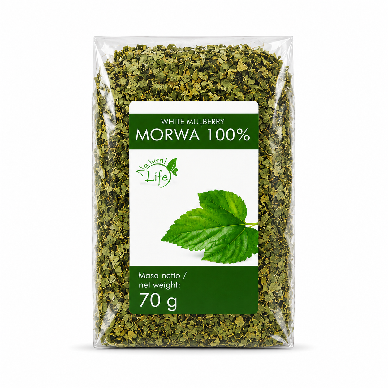 Morwa biała 100% White Mulberry 70 g to suszone liście morwy przeznaczone do przygotowywania naturalnych naparów ziołowych. Produkt zawiera wyłącznie morwę, bez zbędnych dodatków, dlatego świetnie sprawdzi się jako element codziennej domowej spiżarni.