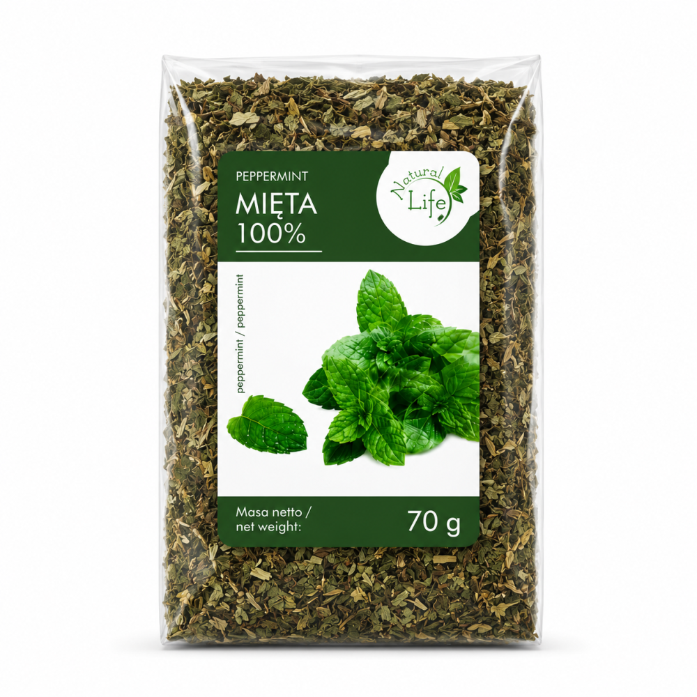 Mięta 100% Peppermint to suszone liście mięty pieprzowej przeznaczone do przygotowywania aromatycznych naparów ziołowych. Produkt zawiera wyłącznie miętę, bez zbędnych dodatków.