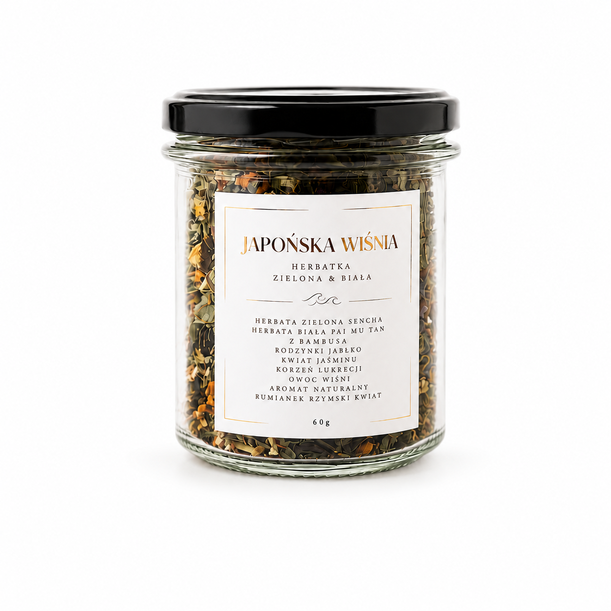Aromatyczna herbatka Japońska Wiśnia to wyjątkowa kompozycja zielonej herbaty Sencha, białej herbaty Pai Mu Tan, owocu wiśni, jaśminu, jabłka, lukrecji i rumianku rzymskiego.Produkt świetnie sprawdzi się również jako drobny upominek.