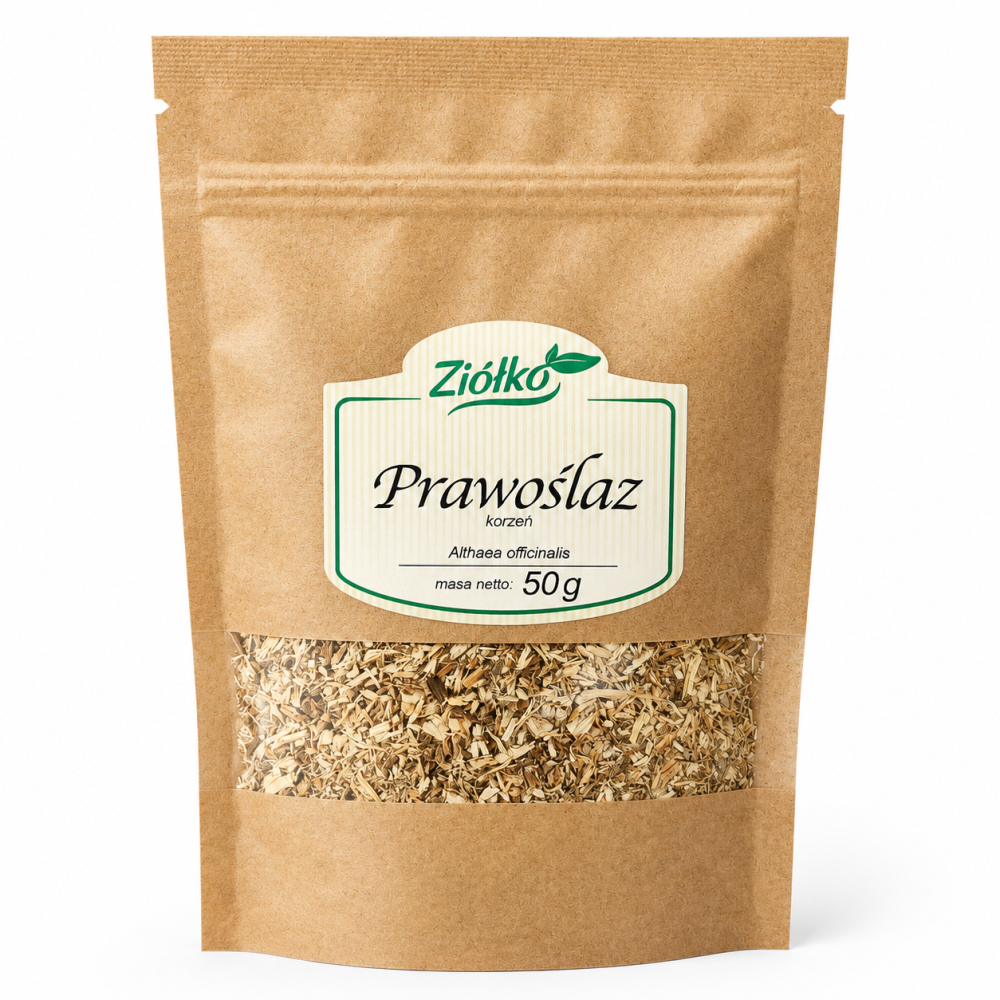 Prawosłaz korzeń 50 g to naturalny susz ziołowy ceniony za zawartość śluzów roślinnych. Tradycyjnie stosowany do przygotowania łagodnych naparów wspierających komfort gardła, jamy ustnej oraz układu pokarmowego.