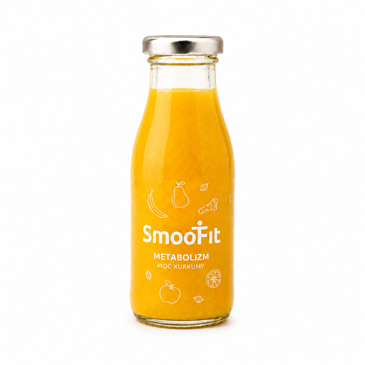 SmooFit Metabolizm Moc Kurkumy to owocowo-warzywny napój o intensywnym, żółtym kolorze i wyrazistym smaku kurkumy. Produkt w szklanej butelce świetnie sprawdzi się jako szybka, wygodna przekąska w ciągu dnia, dodatek do śniadania.