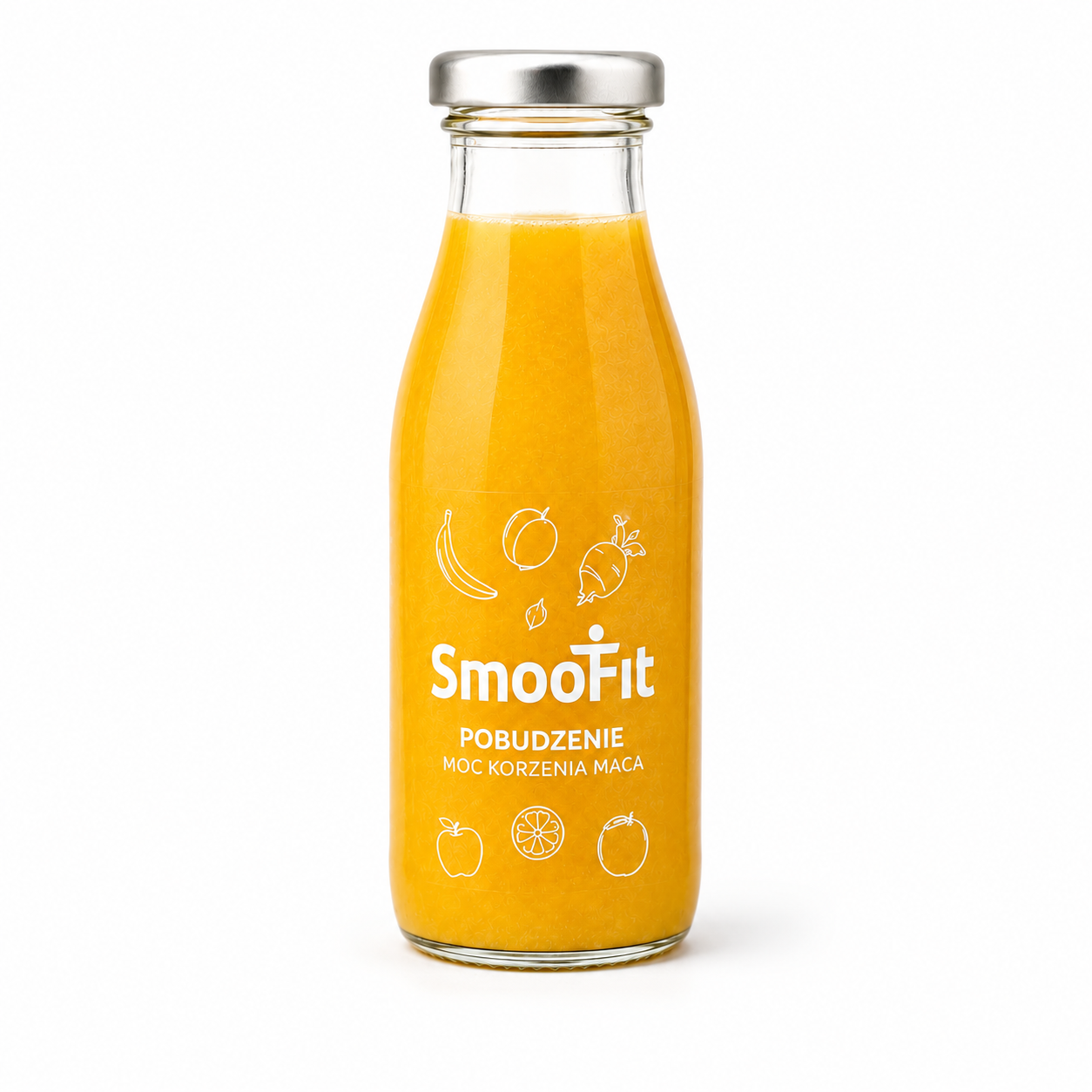 SmooFit Pobudzenie Moc Korzenia Maca to owocowy napój typu smoothie o intensywnym, żółtym kolorze i wygodnej formie podania. Zamknięty w szklanej butelce świetnie sprawdzi się jako szybka przekąska w ciągu dnia, dodatek do śniadania, pracy.