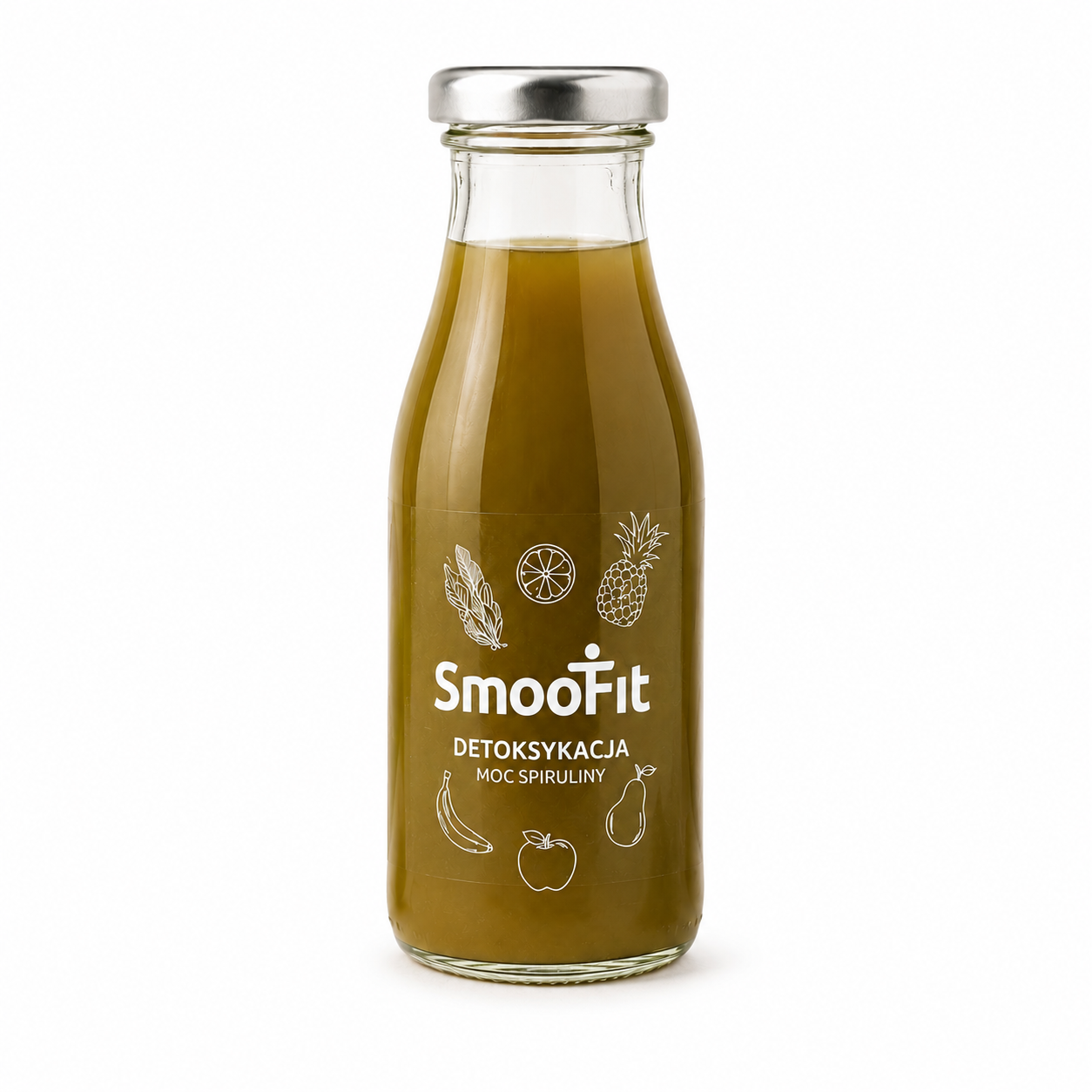 SmooFit Detoksykacja Moc Spiruliny to zielony napój typu smoothie o roślinnym charakterze i wygodnej formie podania. Produkt zamknięty w szklanej butelce sprawdzi się jako szybka przekąska w ciągu dnia, dodatek do śniadania, lunchu.