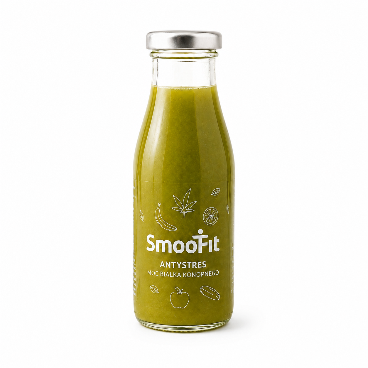 SmooFit Antystres Moc Białka Konopnego to zielony napój typu smoothie o roślinnym charakterze i wygodnej formie podania. Produkt w szklanej butelce sprawdzi się jako szybka przekąska w ciągu dnia, dodatek do śniadania, posiłku w pracy
