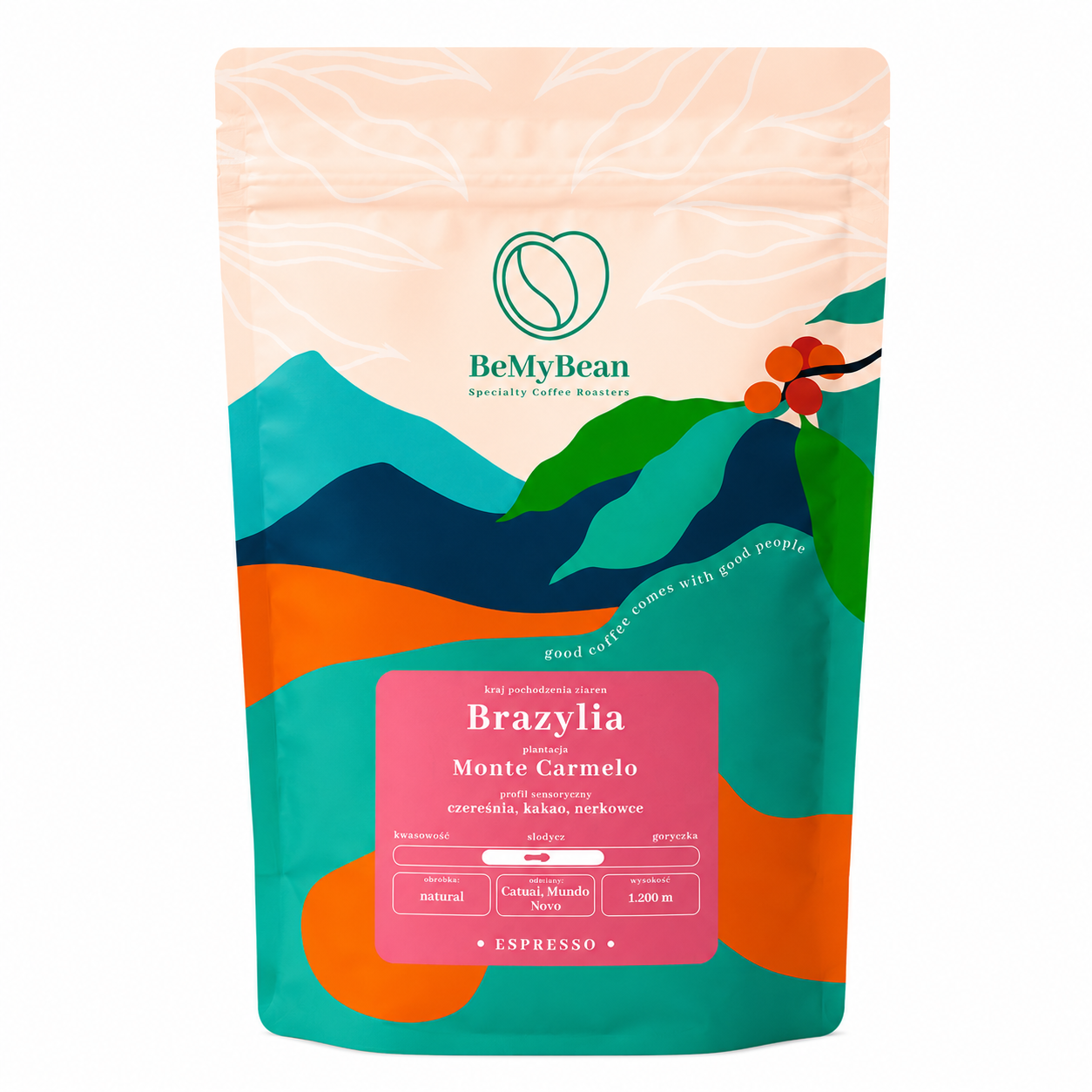 BeMyBean Brazylia Monte Carmelo Espresso to kawa specialty pochodząca z Brazylii, z plantacji Monte Carmelo. Wyróżnia się przyjemnym, zbalansowanym profilem sensorycznym z nutami czereśni, kakao i nerkowców