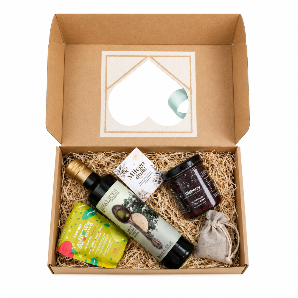 Wyjątkowy zestaw prezentowy w eleganckim pudełku z okienkiem, idealny na prezent dla bliskiej osoby. W środku znajdują się naturalne produkty premium: aromatyczna konfitura porzeczkowa, syrop lawendowy oraz kartka z życzeniami „Miłego dnia”