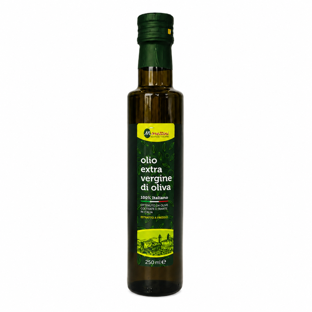 Odkryj wyjątkowy smak włoskiej tradycji z oliwą z oliwek Extra Virgin Morettini 250 ml. To wysokiej jakości oliwa otrzymana z włoskich oliwek, tłoczona na zimno, dzięki czemu zachowuje naturalny aromat, świeżość i cenne właściwości.