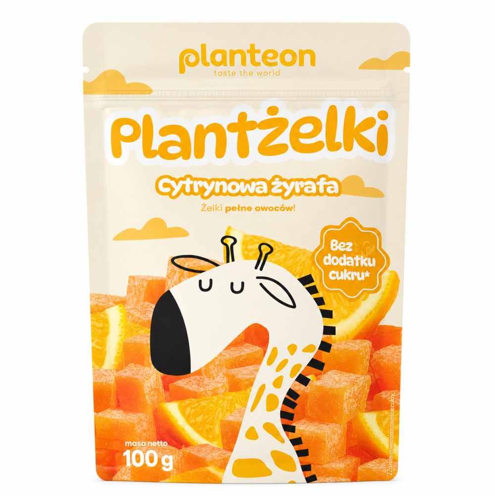 Plantżelki Cytrynowa Żyrafa to pyszne owocowe żelki o cytrynowym smaku, stworzone na bazie składników roślinnych. Bez dodatku cukru, pełne owocowego smaku