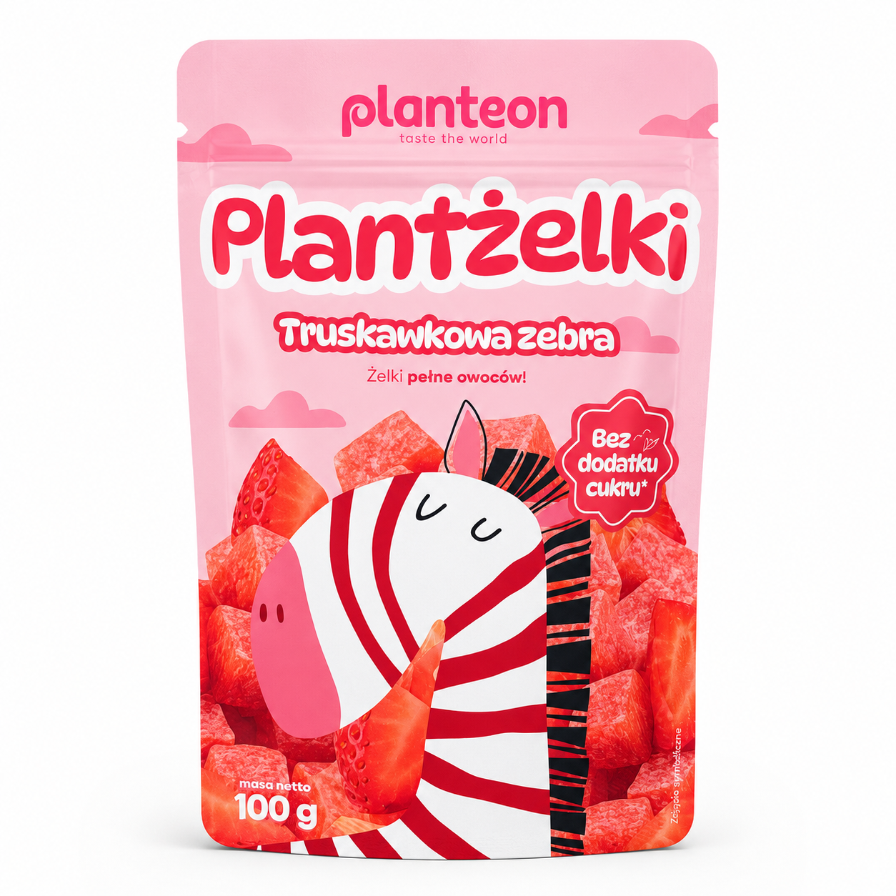 Plantżelki Truskawkowa Zebra to pyszne żelki o intensywnie truskawkowym smaku, stworzone na bazie składników roślinnych. Żelki pełne owoców zachwycają wyjątkowym wyglądem zebry oraz delikatną, miękką konsystencją. Produkt bez dodatku cukru